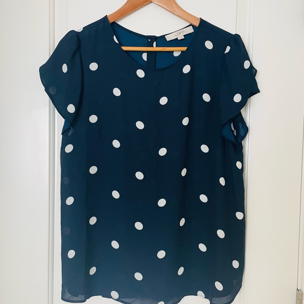 LOFT Navy Blouse with White Polka Dots